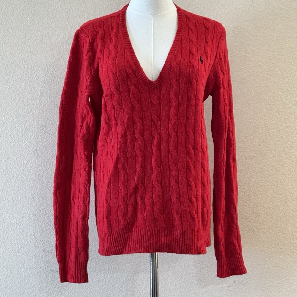 Polo Ralph Lauren Womens Large Red Cable Knit Merino Cashmere V Neck Sweater